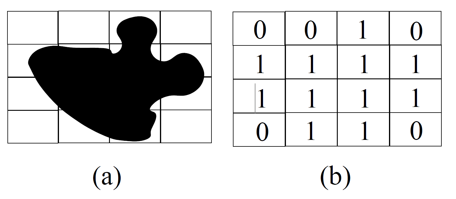 (a) A satellite image of the spilled oil. (b) The representation of the image in a binary matrix